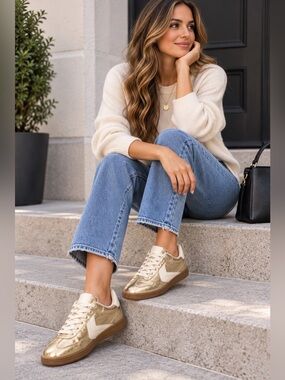 Gold Metallic Sneakers White Accent Gum Sole Size 10